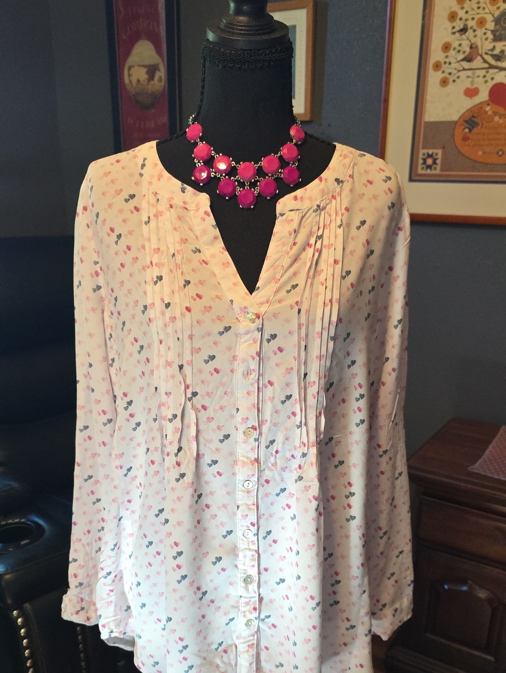 Jane and Delancey Cream Button-Front Blouse with Pink and Gray Heart Print